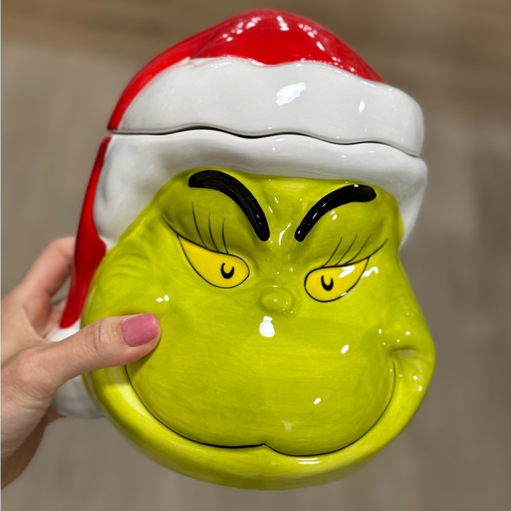 Festive Grinch Cookie Jar with Santa Hat